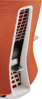Close-up of a modern ergonomic Fern office chair in orange fabric with a unique back support design.